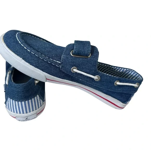Nautica Boat Shoes Women 9 Blue Denim Hook Loop Striped Good Casual Loafers - Picture 7 of 12